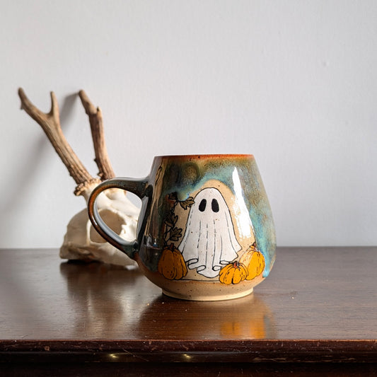 Pumpkin Ghostie mug in Autumn glaze