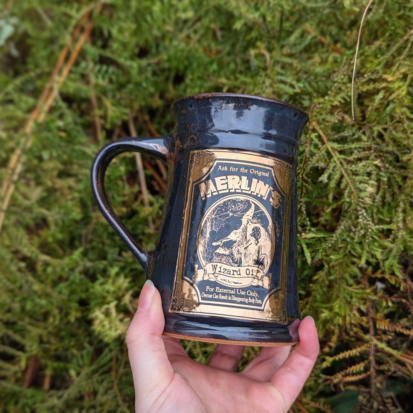 Gold Merlin's Wizard Oil Tankard Mug