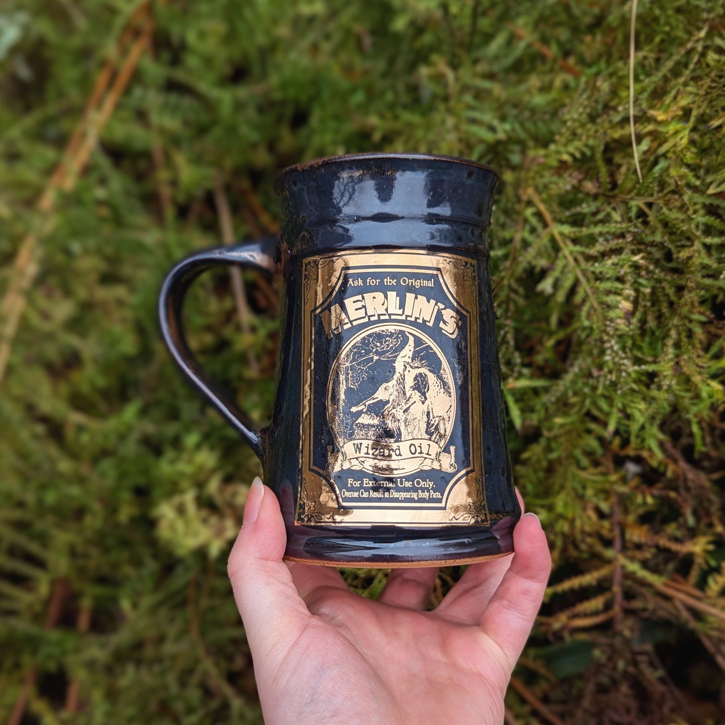 Gold Merlin's Wizard Oil Tankard Mug